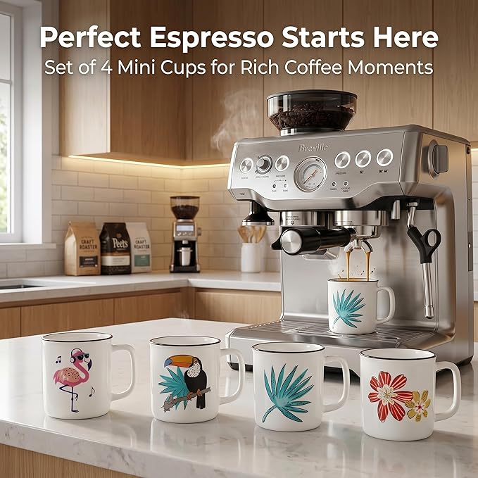 Topadorn 4 Pack 4oz Ceramic Espresso Cups Set, Small Coffee Mugs with Handle, Fun Tropical Print Demitasse Cups, Lead-Free Dishwasher Safe for Home & Office