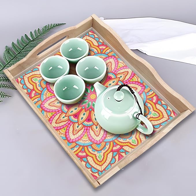 Generic DIY Diamond Serving Tray Rectangular Upgrade Increase Breakfast Tray with Handles Handmade Diamond Art Painting Wooden Tray Dinner Plate for Coffee Living Room Home Organizer-Mandala08