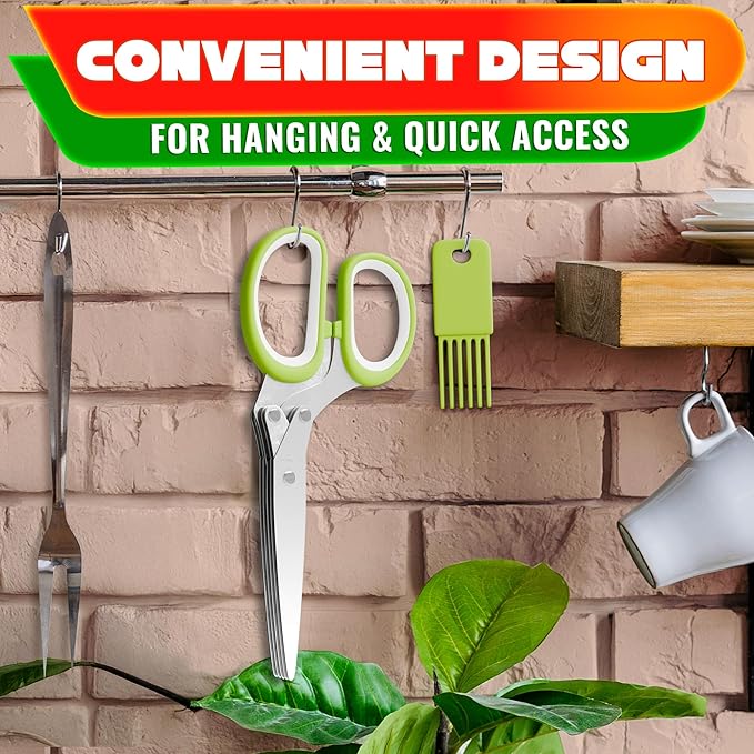 Herb Scissors with 5 Blades and Cover – Stainless Steel Herb Cutter with Ergonomic Handle and Cleaning Brush, Dishwasher Safe Design – 5x Faster Cutting of Cilantro, Parsley, Green Onion & Fresh Herbs