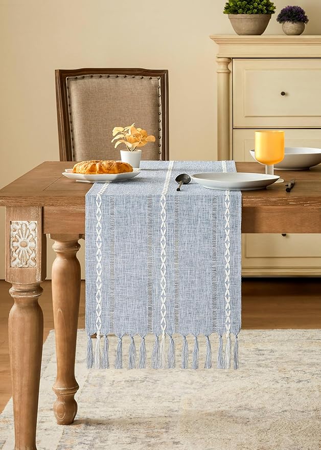 Hemstitched Farmhouse Table Runner, Blue 13x60 Inch, Cotton Linen Table Runners 60 Inches Long, Embroidered Striped Blue Boho Table Runner Rustic Home Decor