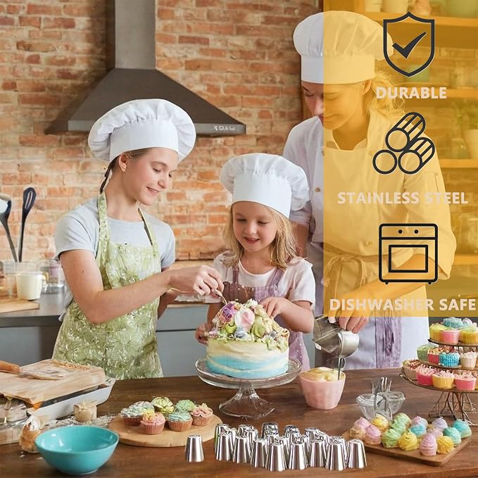Russian Piping Tips Set: Stainless Steel Cake Decorating Tips, 27 Pcs Baking Piping Bags and Tips Set, 12 Flower Frosting Tips 2 Leaf Piping Tip 10 Pastry Bags 2 Couplers 1 Reusable Silicone Bag
