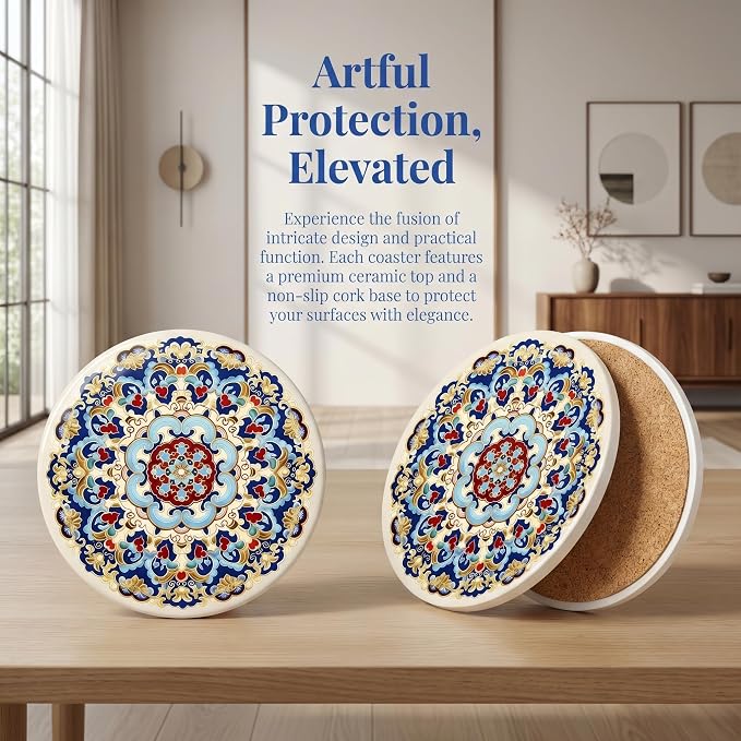Ceramic Coasters Set of 4 with Cork Base, Absorbent Drink Coaster for Home Decors, Non-Slip Decorative Coasters for Coffee, Wine, Tea Cups, 4 Inch Round Blue Vintage Pattern