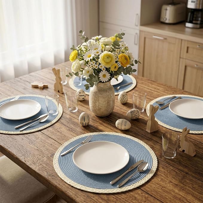 Noctiflorous Braided Round Placemats Set of 6, 15 Inch Woven Table Mats, Non-Slip Washable Place Mats for Kitchen Dining Table Decor (Mint Blue, 6)