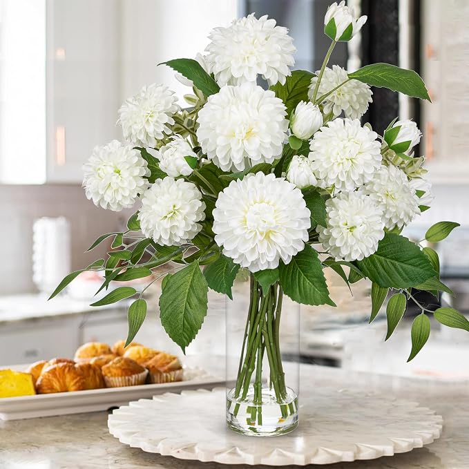 Hollyone White Fake Flowers in Vase Dahlia Artificial Flowers in Glass Vase with Faux Water Dahlia Silk Flower Arrangements for Bathroom Office Table Centerpiece Shelf Decorations Home Decor