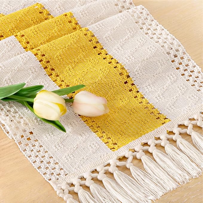 Socomi Boho Table Runner Summer Farmhouse Rustic Dining Kitchen Centerpiece Decor Small Macrame Woven Cotton Coffee Table Runner for Dresser Scarf Home Decor 12x72 in Yellow Gold Ivory