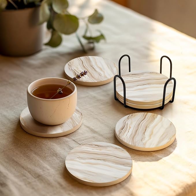 VEYRO Ceramic Coasters Set of 4 – Absorbent Stone Drink Coasters with Holder, Non-Slip Cork Backing, Modern Marble Look Coasters for Coffee Table, Desk & Home Decor