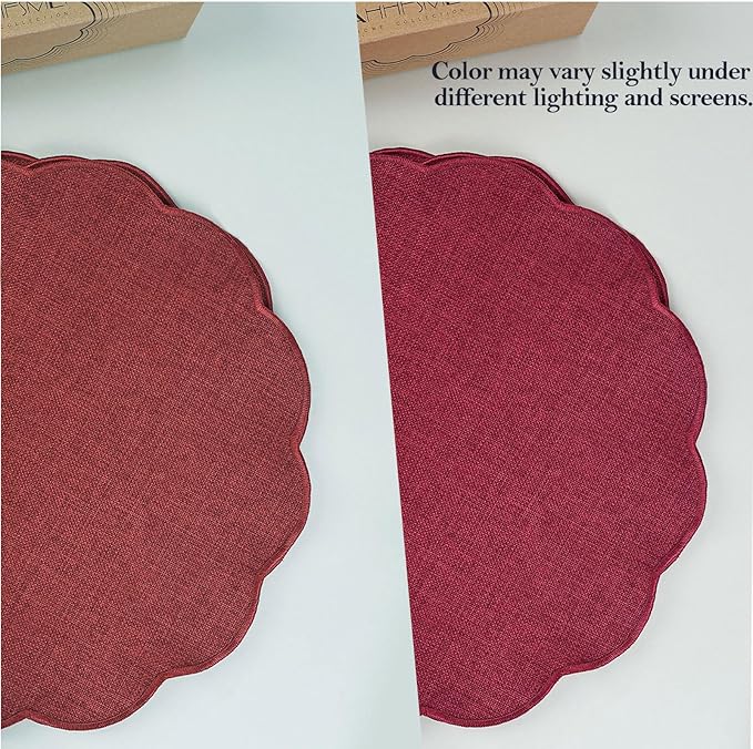 AHHFSMEI Round Faux Linen Placemats Set of 6 Heat Resistant Non-Slip Stain Proof Table Mats for Kitchen Dining Elegant Decor Place Mats (Burgendy red,6)