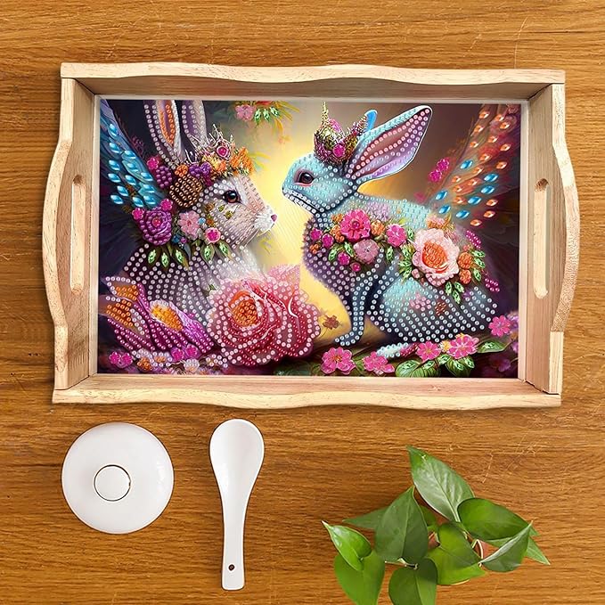 DIY Diamond Serving Tray Diamond Art Painting Creative Design Handmade Wooden Tray Dinner Plate for Coffee Breakfast Home Organizer-Rabbit
