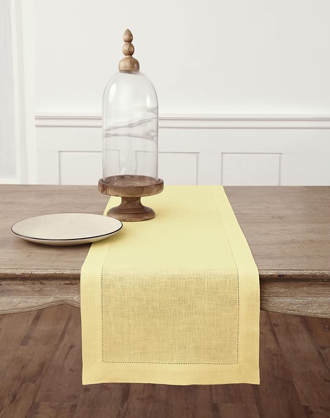 Solino Home Linen Yellow Table Runner 144 Inches Long - 100% Pure Linen Extra Long Table Runner 14 x 144 Inch for Summer - Classic Hemstitch