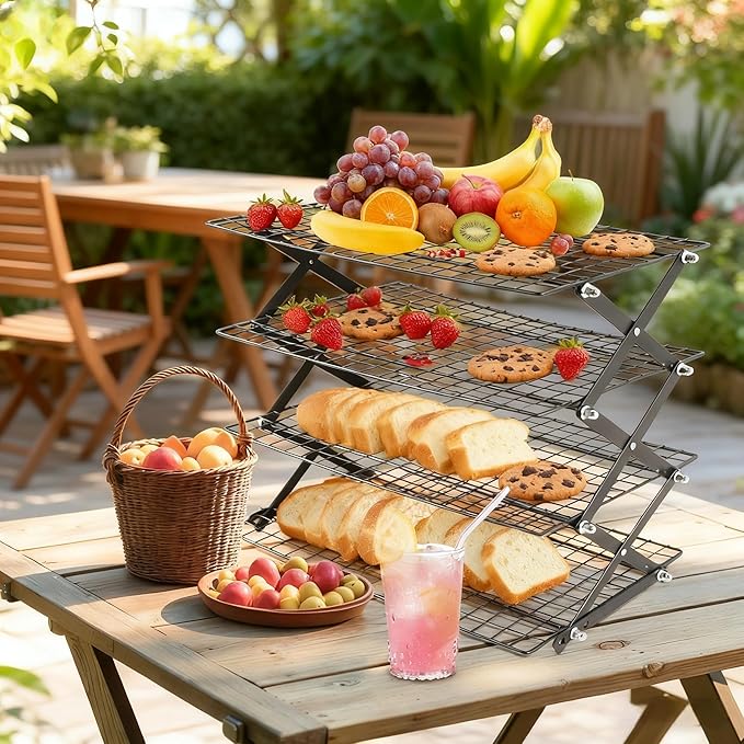 4-Tier Collapsible Cooling Rack with Adjustable 3 Setting, Wire Cooling Roasting Cooking Baking Drying Rack for Cookies Bread Turkey, Candy, Fruit, Snacks