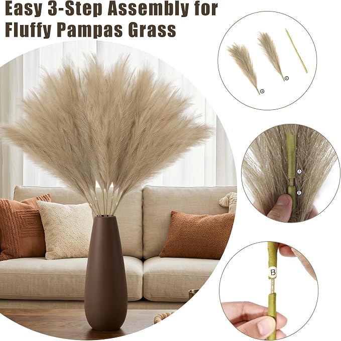 TORONTOKYO Pampas Grass Tall, 8PCS 35.4 Brown Pampas Grass Decor, Large Artificial Pampas Grass for Floor Vase Filler, Wedding, Baby Shower, Home Decor
