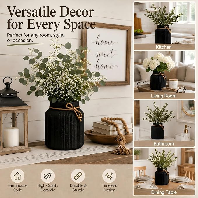 Farmhouse Ceramic Kitchen Utensil Holder for Countertop,Retro Country-Style Vertical-Striped Hemp Rope Design,Modern Kitchen Counter Organizer for Cooking Utensils ,Kitchen Decor & Decorative Vase