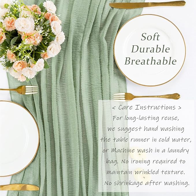 Sage Green Cheesecloth Table Runner 10ft Boho Gauze Table Runner for Baby Shower 32x120 Inches Rustic Cheese Cloth for Wedding Shower Valentines Party Summer Home Decorations