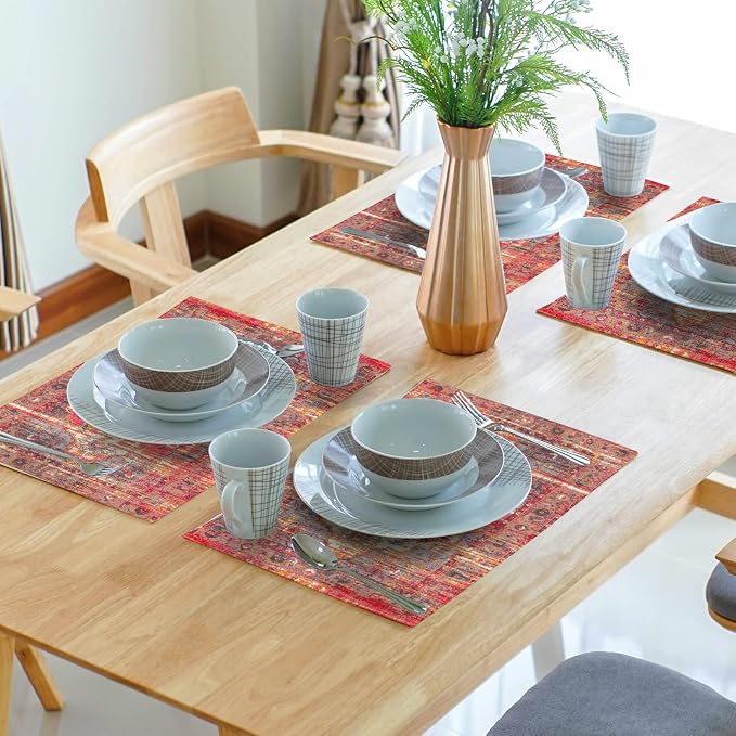 Rust Red Ethnic Boho Placemats Set of 4 Bohemian Carpet Vintage Linen Washable Kitchen Dining Southwestern Table Mats Stain Heat-Resistant Desktop Decor Place Mats for Home Party Indoor 12x18 in
