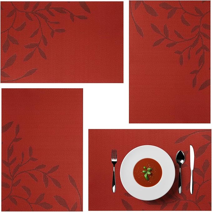 Placemats, Placemats for Dining Table Set of 4, Kitchen Table Mats Heat-Resistant Non-Slip Washable PVC Woven Vinyl Place Mats for Dining Room Table Decoration (Set of 4, Red Leaf)