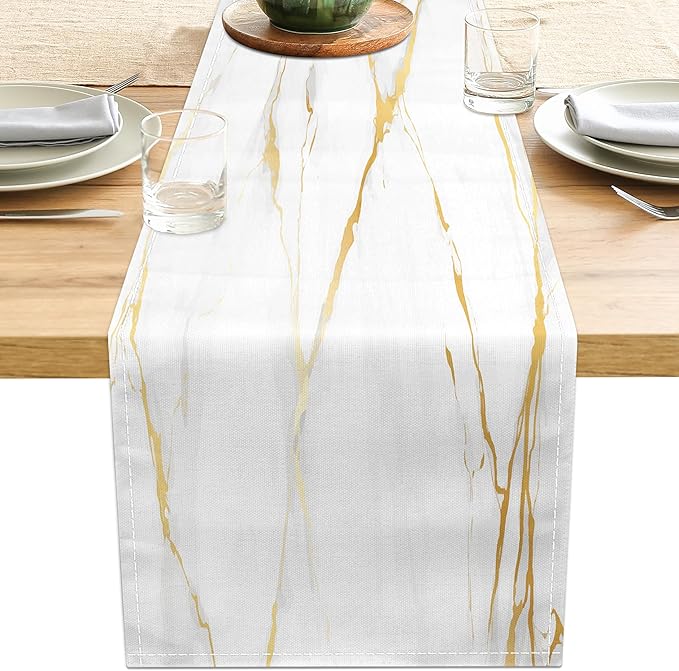 White Gold Table Runner Marble Linen Table Runners,Long Coffee Dresser Runners for Bedroom,Farmhouse Rustic Table Runner for Kitchen Dining Table Party (13"x36", White Gold Marble)