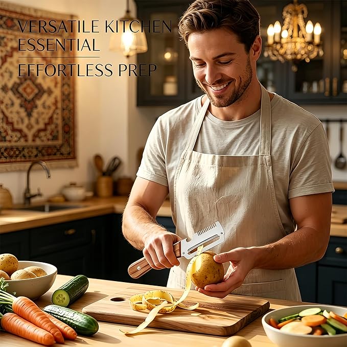 3-in-1 Multifunctional Vegetable Peeler with wooden grip, integrated grater and bottle opener. Practical kitchen tool for peeling, grating and opening bottles, perfect for fruits & vegetables. (1 PCS)