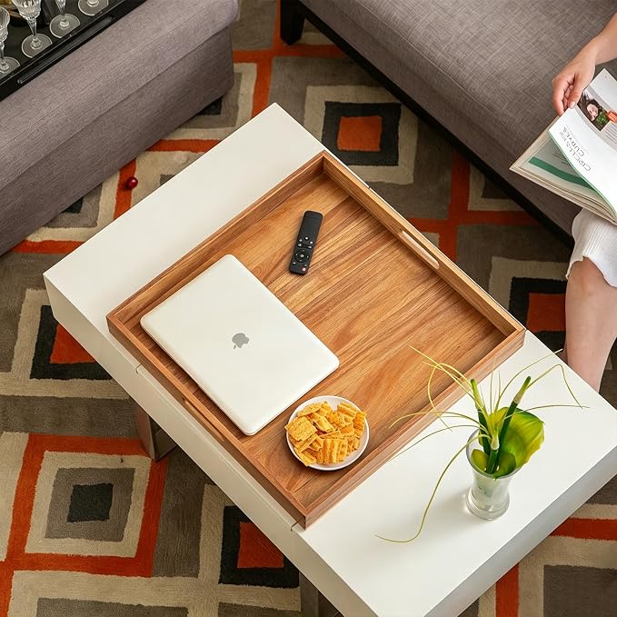 Extra Large 22INCH Premium Acacia Wood Tray Square Ottoman Tray with Handles Wooden Serving Tray Multi-Use for Breakfast in Bed Coffee Table Snack Entertaining Guests
