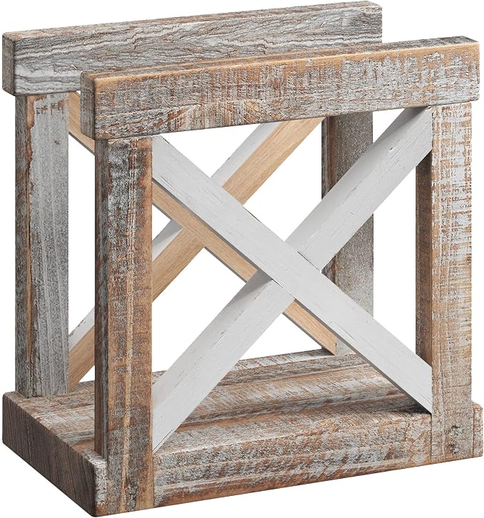 Barnyard Designs Farmhouse Napkin Holder for Table - Vintage Rustic Distressed Wooden Napkin Holder Dispenser for Kitchen, 5.5" x 5.5" (White/Brown)