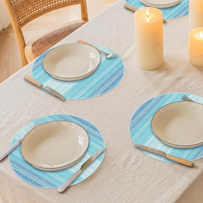 Niviy Round Placemats, Placemats Set of 4, 15 Inch Washable Place Mats Easy to Clean Heat Resistant Table Mats Wipeable Placemat for Holiday Party Kitchen Dining Table Decoration, Blue