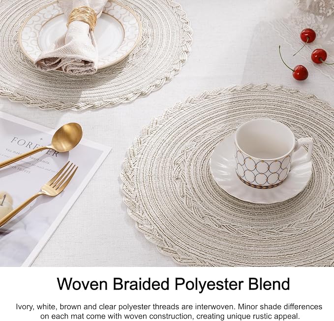SHACOS Round Placemats Set of 4 Boho Braided Border Table Place Mats for Dining Table Wedding Holiday Party (Ivory Bordered, 4)