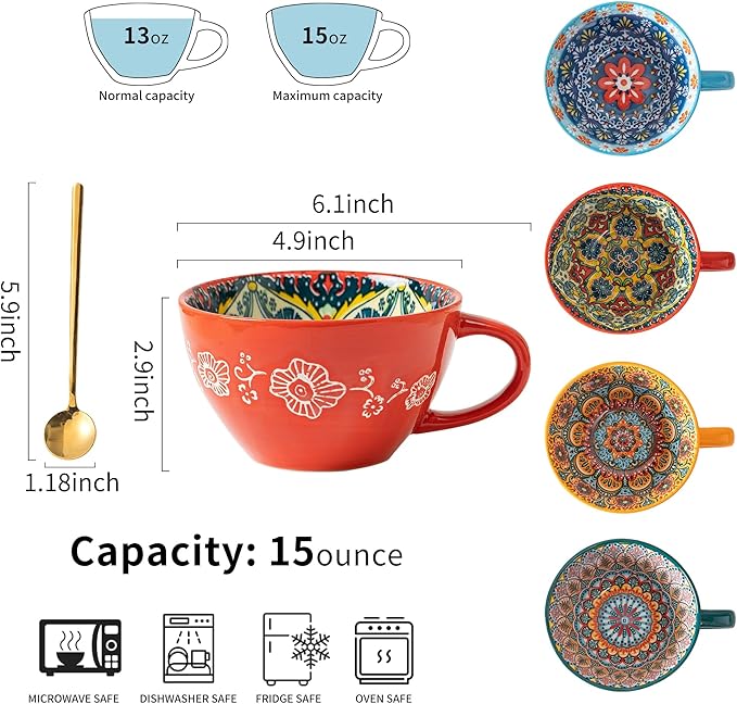 Boho Coffee Mug Set of 4 with Coffee Spoon, Ceramic Large Cups 15 oz/ 450ml, Porcelain Cups for Latte, Tea, Cappuccino, Cocoa, Soup, Dishwasher Microwave Safe, Gift Set Bohemian Style
