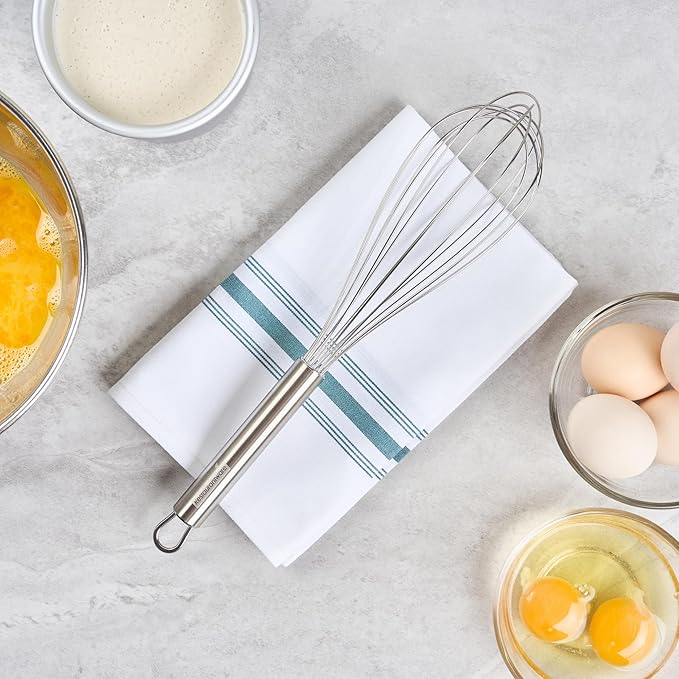 Restaurantware 12 in Stainless Steel Wire Whisk - German Standard Kitchen Balloon Whisk with Ergonomic Handle, Dishwasher Safe - Durable French Whisk for Cooking, Mixing Thick Batter and Sauce