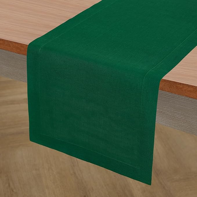 Solino Home Linen Table Runner 60 Inches - 100% Pure Linen Christmas Green Table Runner 14 x 60 Inch Ideal for Dresser and Coffee Tables - Fete