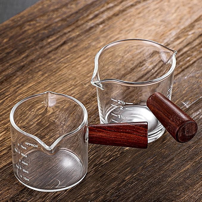70ml Double Spouts Espresso Cup Shot Glasses Heat-Resistant Measuring Cup Mini Milk Glass Mug with Wooden Handle Clear Scale Ounce for Milk Coffee Espresso Making Heavy Glass Measuring Cup