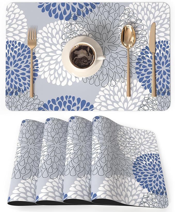 QiyI Placemats Set of 4, 12x18 Inch Faux Leather Place Mats for Kitchen Dinning, Heat Resistant Anti Slip Flower Table Mats, Waterproof Wipeable Washable Placemat Party Table Décor, Blue Floral Burst