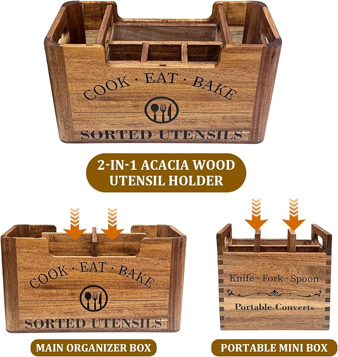2-in-1 Acacia Wood Kitchen Utensil Holder, Large Farmhouse Countertop Storage with Removable Silverware Caddy, Rustic Wooden Cooking Container for Counter, Island & Dining Room