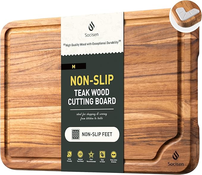 Teak Wood Cutting Board for Kitchen 13inch Charcuterie Board Serving Heavy Duty Non Toxic Slip Over Sink Solid Thick Haus Wooden Chopping Board Large Big Small Meat Best Kitchen Essential Gift