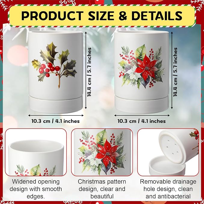 2 Pcs Ceramic Utensil Holders 5.7" Kitchen Decoration Utensil Holders Crock Organizer for Countertop with Removable Drip Tray for Counter Cooking Storage Home Kitchen