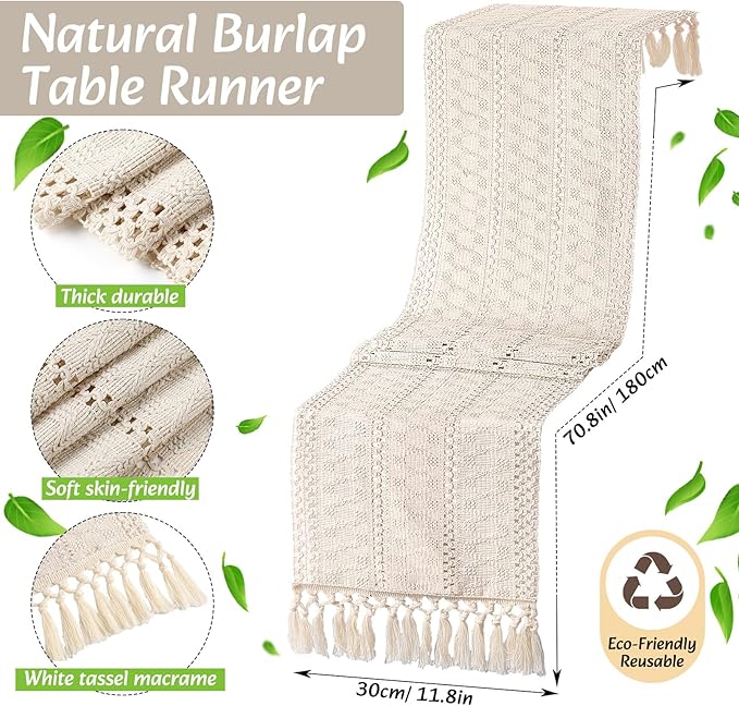 Boho Placemats 4/6/8 Set of Round Woven Placemat Macrame Style Bicolor Stitching Long Table Runner Farmhouse Rustic Natural Burlap Cotton for Kitchen Dining Table(4 Sets,Beige,12x72)