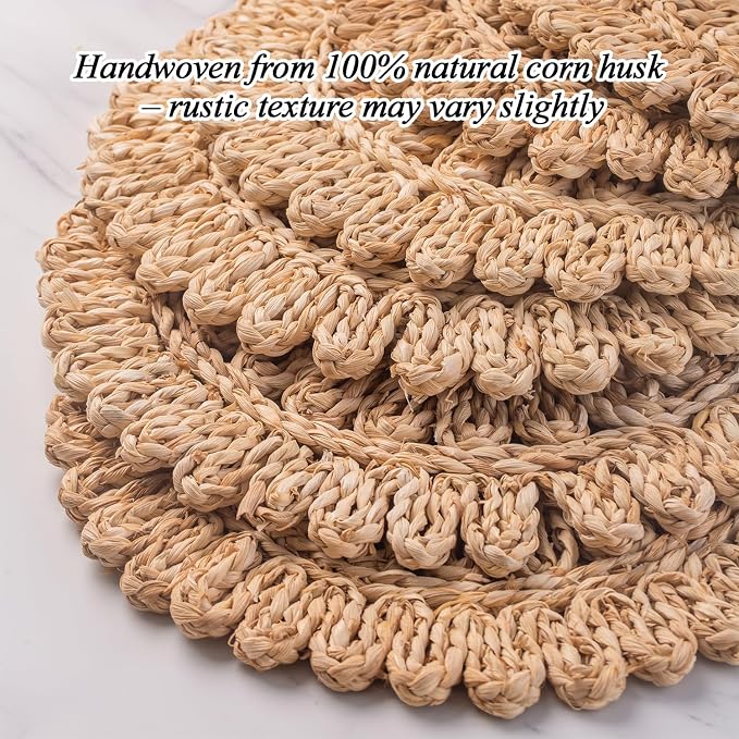 Laquedecraft 13.8" Set of 8 Round Corn Husk Placemats | Boho Woven Rattan Table Mats | Farmhouse Wicker Spring Plate Chargers Like Water Hyacinth, Seagrass for Wedding, Party, Christmas, Events