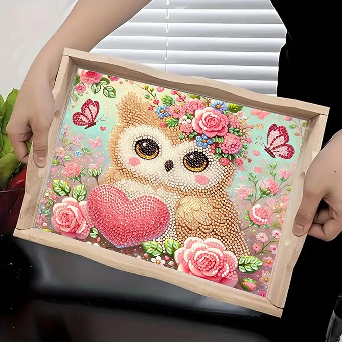 BAYUNOE DIY Diamond Serving Tray Rectangular Breakfast Tray with Handle Handmade Diamond Art Painting Wooden Tray Spring Creative Dinner Plate Coffee Room Living Home Organizer-Owl02