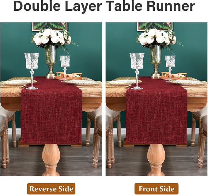 Farmhouse Rustic Faux Linen Table Runner Neutral Burgundy Table Runners Double Layer Reversible Rectangle Runners for Daily Use Kitchen Dining Banquet Holiday 13x72 Inch
