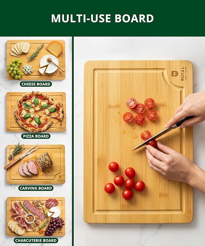 ROYAL CRAFT WOOD Bamboo Cutting Board with Juice Groove - Kitchen Chopping Board for Meat Cheese and Vegetables, Heavy Duty Serving Tray w/Handles (Large,10 x 15")