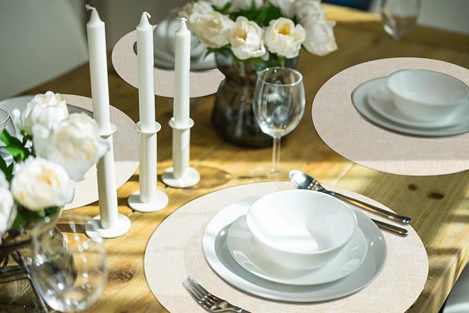 homing Round Faux Leather Placemat and Coaster 8 Packs, Washable Heat Resistant Dining Place Mats, Wipeable Double-Sided Table Mats for Indoor and Outdoor, Diameter 13 and 3.93 inch, Beige