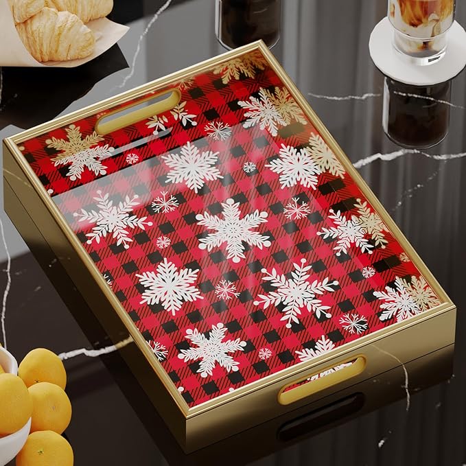 Christmas Gold Serving Tray with Handles, Plastic Decorative Tray, Rectangular Coffee Table Tray for Ottoman, Storage Trays for Bathroom, Living Room Decor