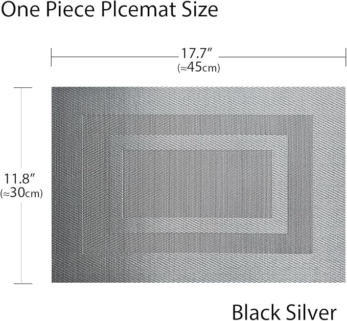 PIGCHCY Placemats Set of 8 Washable Durable Place Mats Vinyl Heat Resistant Non-Slip Table Mats Indoor Outdoor (18 x 12 inches, Silver Black)