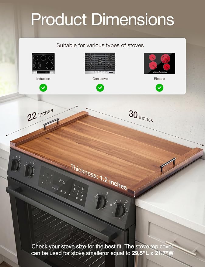 TIDITA Acacia Wood Stove Top Covers for Electric Stove - Wooden Noodle Board for Gas Stovetop - Stove Top Covers for Gas Burners - Wooden Kitchen Sink Cover for Counter Space & Decorative Tray