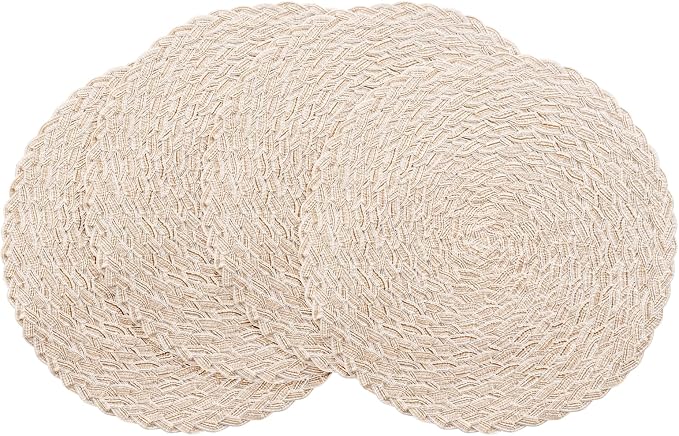 Floroom 15 Inch Round Braided Placemats Set of 4, Washable Heat Resistant Cotton Polyester Circle Boho Place Mats for Kitchen Dining Table - Canvas Beige
