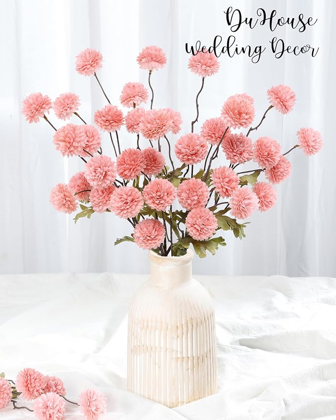 DuHouse 6pcs Artificial Flowers Faux Silk Pompon Mum,Silk Small Mini Chrysanthemum Ball with Stems for DIY Bouquets Centerpieces Vase Home Table Kitchen Decorations(Blush)