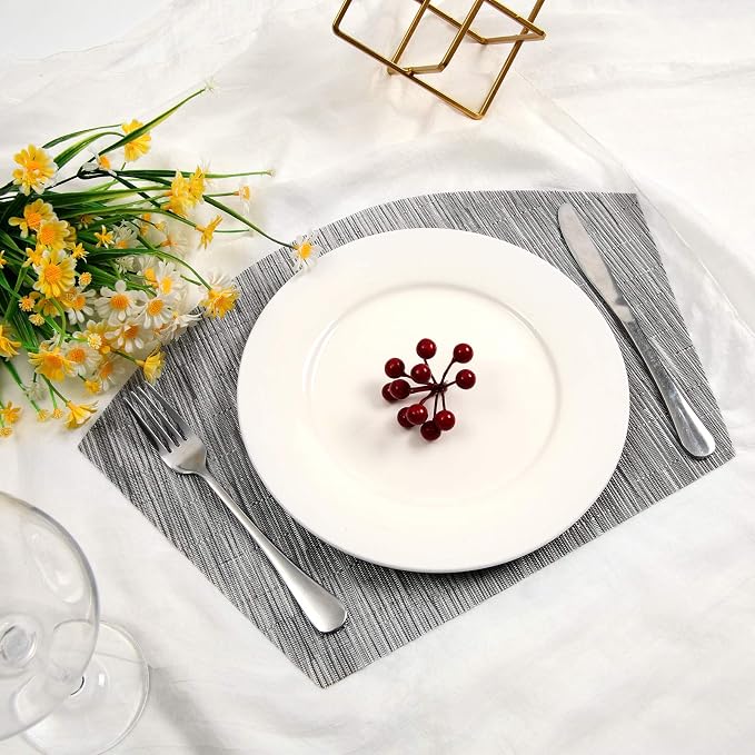 SHACOS Round Table Placemats Set of 5 Woven Vinyl Wedge Placemats with Centerpiece Round Table Mats Heat Resistant Wipe Clean (5, Silver Grey)