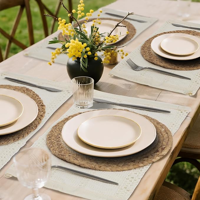 Handmade Boho Placemats Set of 4 | Natural Woven & Fabric Cotton Combo Table Mats | 8-Piece Versatile Place Mats | Rustic Farmhouse Style Dining Table Decor