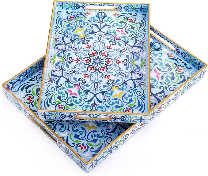 Hiceeden Set of 2 Boho Floral Serving Tray with Handles, 15.7" x 11.8" Decorative Plastic Ottoman Tray, Modern Large Coffee Table Server for Living Room, Bathroom, Kitchen, Rectangle, Blue