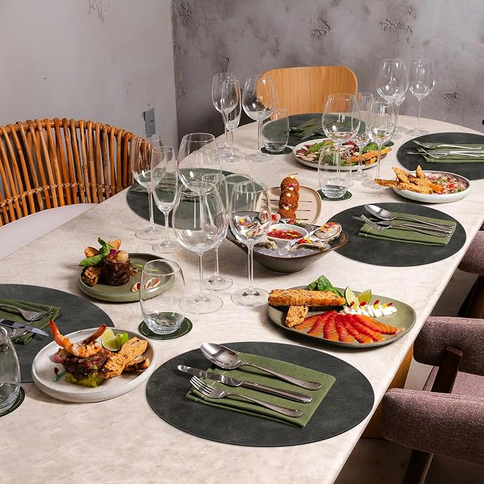 ADRIMER Placemats, Heat Resistant Round Placemats Set of 6 Washable, Waterproof Table Mats, Wipeable Faux Leather Place Mats for Kitchen, Dining Room, Dark Grey
