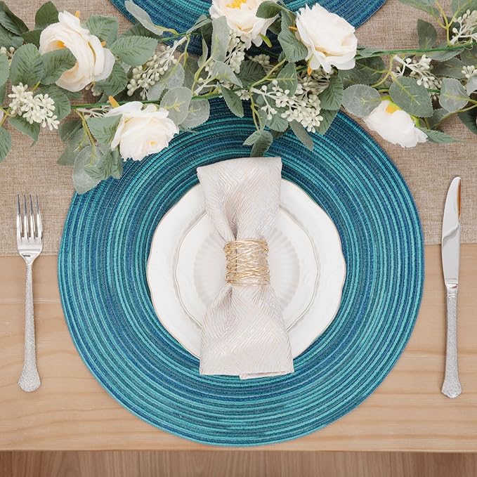 SHACOS 15 inch Round Placemats Set of 8 Variegated Multicolor Place Mats Cotton Polyester Braided Non Slip Washable Heat Resistant Table Mats for Home Wedding Dinner Party Table Decor, Rainbow Teal