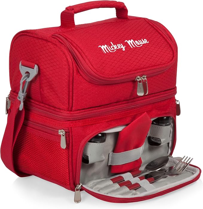 PICNIC TIME Disney Mickey Mouse Pranzo Insulated Lunch Box, Soft Sided Cooler Lunch Bag with Picnic Set, Dual Compartment Lunchbox, (Red)